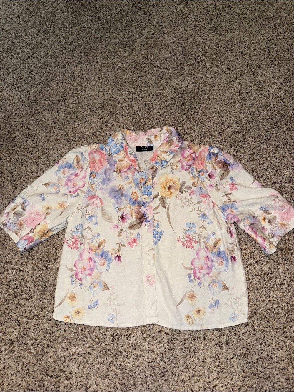 Vici Cream Floral Button-Up Blouse with Pink and Blue Blooms